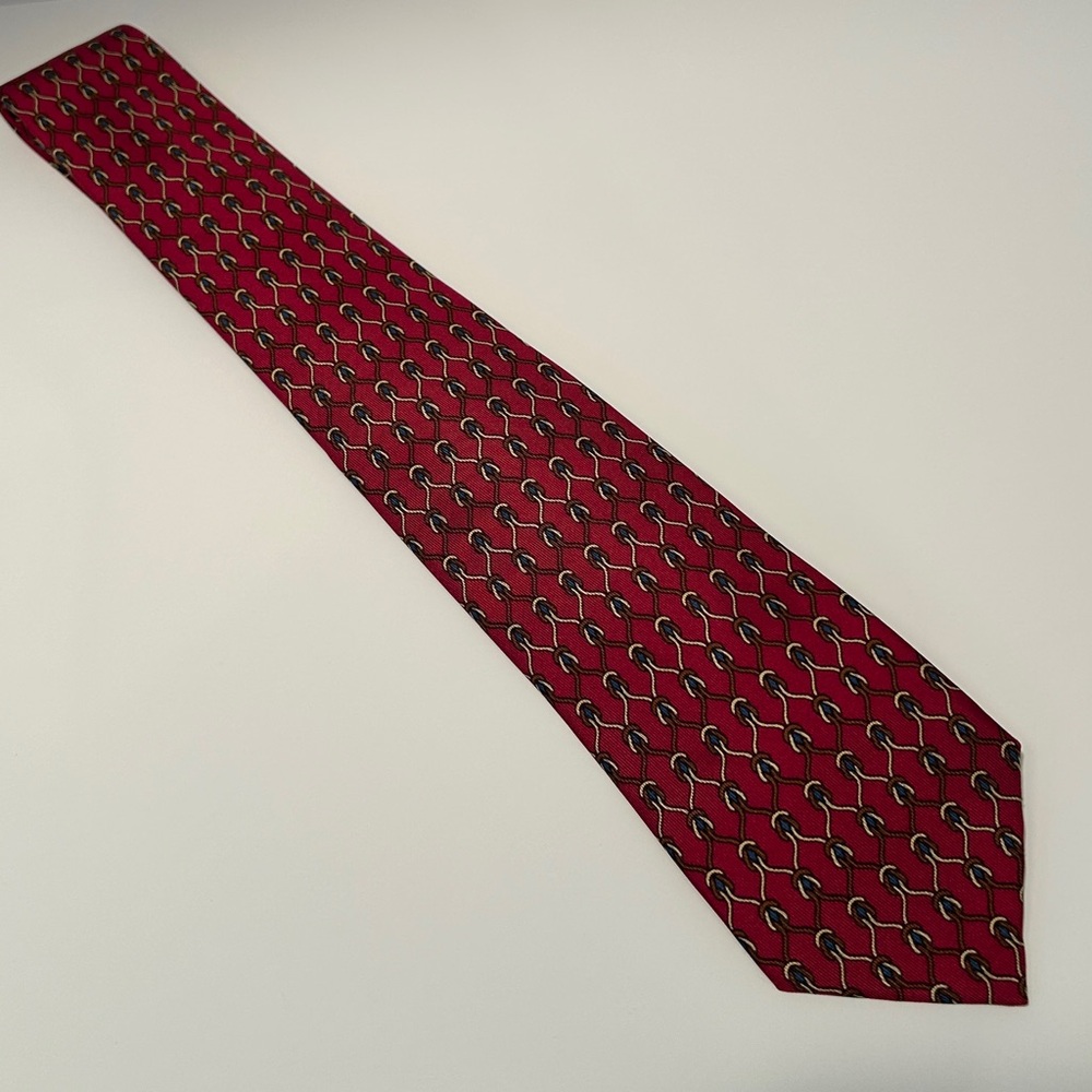HERMES VINTAGE SILK ROPE & RINGS TIE GRIDS SQUARE BUCKLE RIDING FRANCE RED - Picture 3 of 9